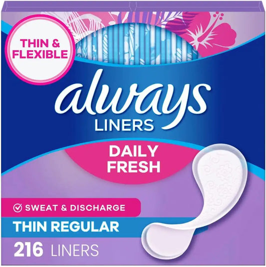 Always Daily Fresh Thin Liners, Regular Absorbency, Unscented Panty Liners, 864 Count, Pack of 4