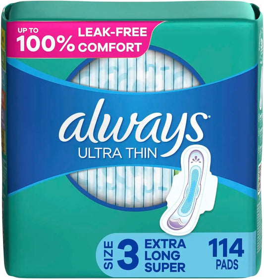 Always Ultra Thin Feminine Pads for Women, Size 3 Extra Heavy Long Absorbency, Multipack, with Wings, Unscented, 38 Count x 3 Packs (114 Count Total)