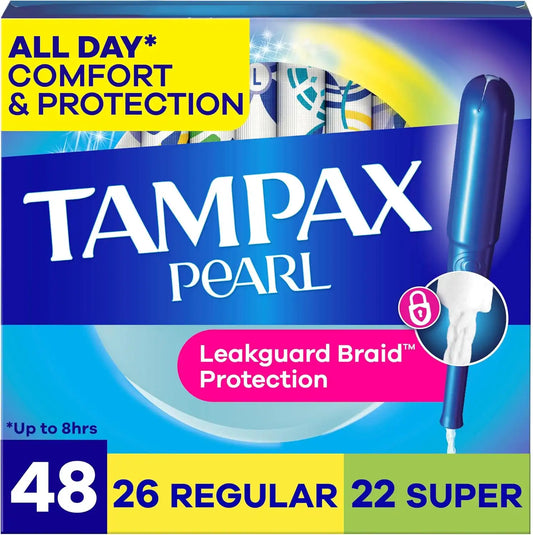 Tampax Pearl Tampons for Women Multipack, with LeakGuard Braid, Regular/Super Absorbency, Unscented, 48 Count