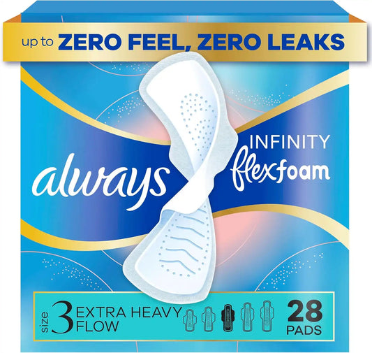 Always Infinity Feminine Pads for Women, Size 3, Extra Heavy Flow, with Wings, Unscented, 28 CT