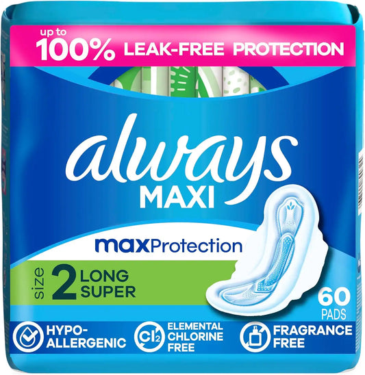 Always Maxi Feminine Pads with Wings for Women, Size 2, Long Super Absorbency, Unscented 60 Count