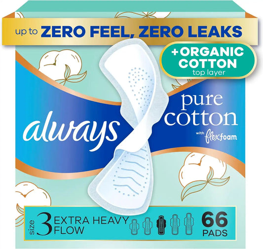 Always Pure Cotton, Organic Cotton top Layer Pads for Women with Wings, Feminine Care, Period, Menstrual, Sanitary, Postpartum, toallas sanitarias para Mujer, Size 3 Extra Heavy, Unscented, 66ct