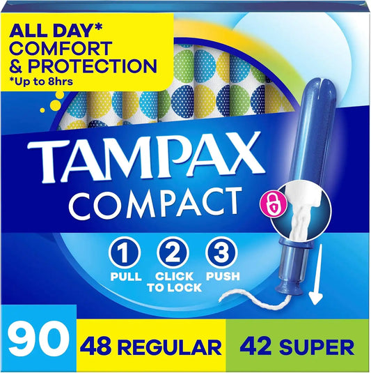 Tampax Compact Pearl Tampons Multipack, LeakGuard Braid & Extendable Applicator, Regular/Super, 90 Ct