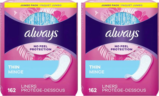 Always Thin No Feel Protection Daily Liners Regular Absorbency Unscented, 162 Count - Pack of 2