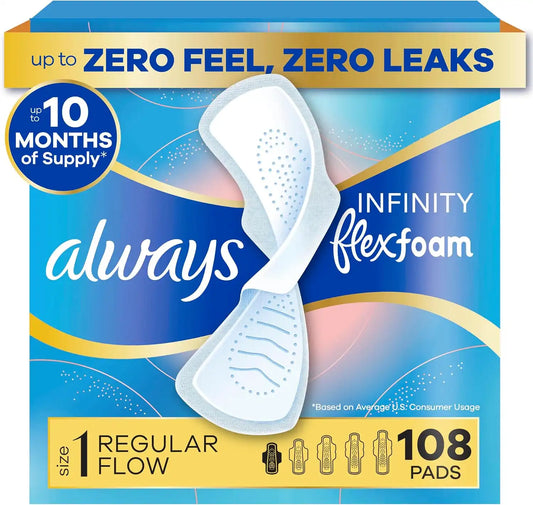 Always Infinity Feminine Pads for Women, Flexfoam Pads with Wings, Size 1, Regular Absorbency, Unscented, 108 Count (3 Packs of 36)