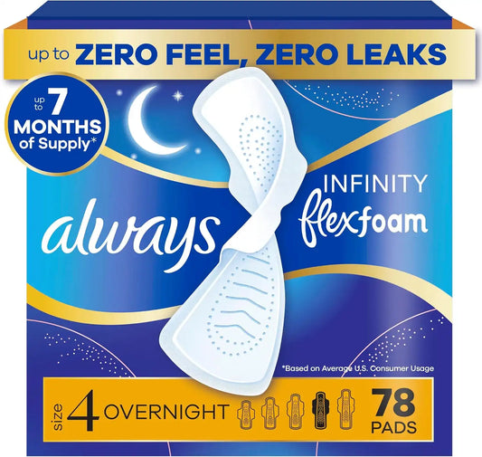 Always Infinity Feminine Pads for Women, Flexfoam Pads with Wings, Size 4, Overnight Absorbency, Unscented, 78 Count (3 Packs of 26)