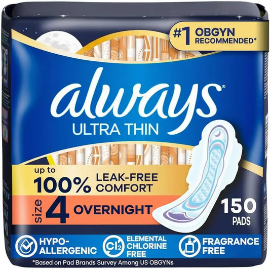 Always Ultra Thin Feminine Pads with Wings for Women, Size 4, Overnight Absorbency, Unscented, Up to 100% Leak-Free Comfort, 50 Count
