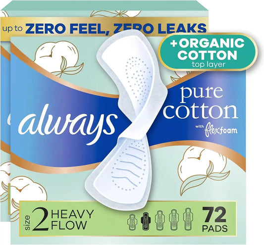 Always Pure Cotton Feminine Pads for Women, FlexFoam Pads with Wings, Size 2, Heavy Absorbency, Unscented, 72 Count (Pack of 2)