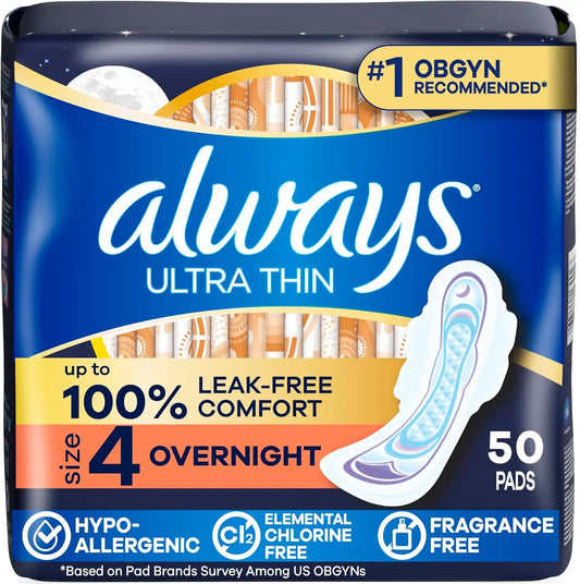 Always Ultra Thin Feminine Pads with Wings for Women, Size 4, Overnight Absorbency, Unscented, Up to 100% Leak-Free Comfort, 50 Count