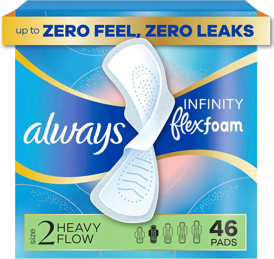 Always Infinity Feminine Pads for Women, Flexfoam Pads with Wings, Size 2, Heavy Absorbency, Unscented, 46 Count