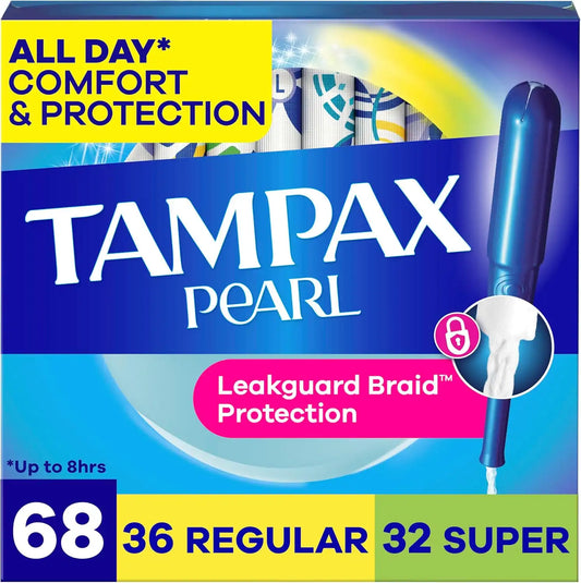Tampax Pearl Tampons Multipack, with LeakGuard Braid, Regular/Super Absorbency, Up to 100% Leak and Odor Free Protection, Unscented, 68 Count