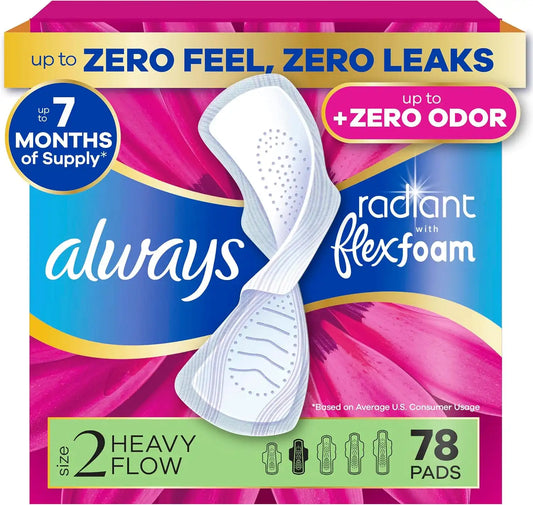 Always Radiant Feminine Pads for Women, Flexfoam Pads with Wings, Size 2, Heavy Absorbency, Lightly Scented, 78 Count (3 Packs of 26)