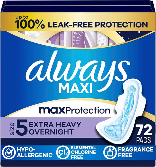 Always Maxi Overnight Pads with Wings, Size 5, Extra Heavy Overnight, Unscented, 72 Count