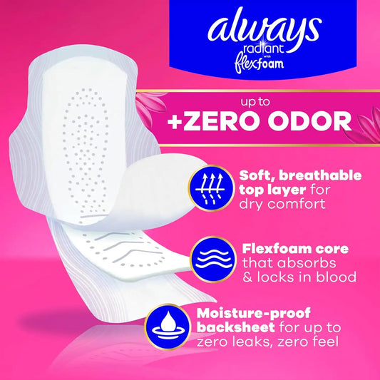 Always Radiant Feminine Pads for Women, Flexfoam Pads with Wings, Size 2, Heavy Absorbency, Lightly Scented, 78 Count (3 Packs of 26)