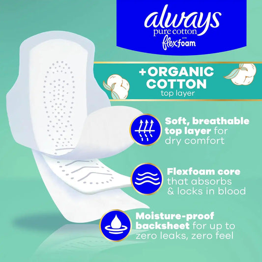 Always Pure Cotton, organic cotton top layer pads for women with wings, feminine care, period, menstrual, sanitary, postpartum, toallas sanitarias para mujer, Size 1 Regular Absorbency, Unscented 84ct
