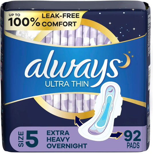 Always Ultra Thin Feminine Pads for Women, Size 5, Extra Heavy, Overnight Absorbency with Wings, (92 Count Total)