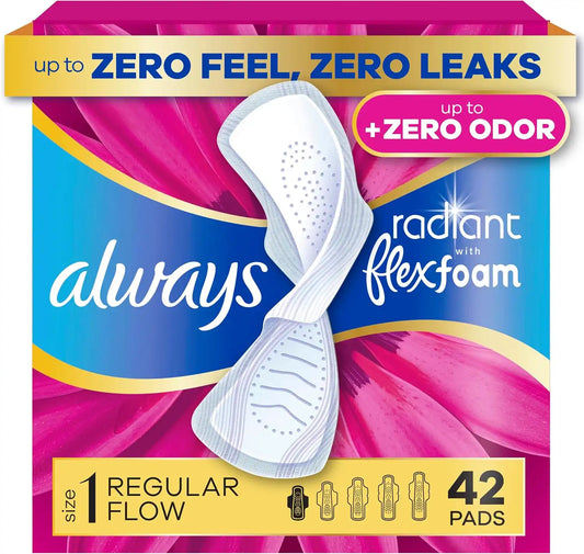 Always Radiant Feminine Pads for Women, Flexfoam Pads with Wings, Size 1, Regular Absorbency, Lightly Scented, 42 Count