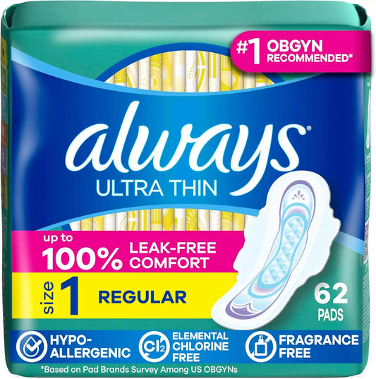 Always Ultra Thin Feminine Pads with Wings for Women, Size 1, Regular Absorbency, Unscented, Up to 100% Leak-Free Protection, 62 Count