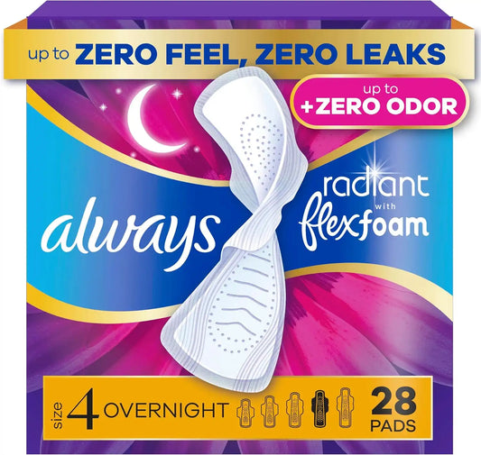 Always Radiant Feminine Pads for Women, Flexfoam Pads with Wings, Size 4, Overnight Absorbency, Lightly Scented, 28 Count