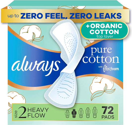 Always Pure Cotton, Organic Cotton top Layer Pads for Women with Wings, Feminine Care, Period, Menstrual, Sanitary, Postpartum, toallas sanitarias para Mujer, Size 2 Heavy Absorbency, Unscented, 72ct