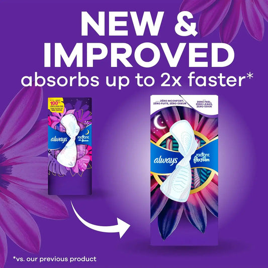 Always Radiant Feminine Pads for Women, Flexfoam Pads with Wings, Size 5, Extra Heavy Overnight Absorbency, Lightly Scented, 54 Count (3 Packs of 18)
