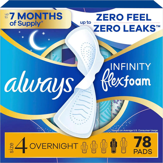 Always Infinity with FlexFoam Pads, Size 4, Overnight Absorbency, with Wings, Unscented, Up to Zero leaks, Zero Feel Protection, 78 Count