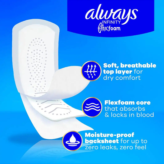 Always Infinity Feminine Pads for Women, Flexfoam Pads Without Wings, Size 2, Heavy Absorbency, Unscented, 96 Count (3 Packs of 32)