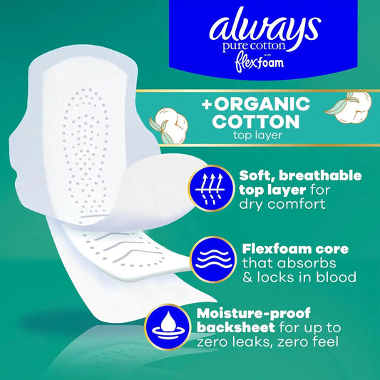 Always Pure Cotton, organic cotton top layer pads for women with wings, feminine care, period menstrual sanitary postpartum, toallas sanitarias para mujer, Size 5 Extra Heavy Overnight Unscented, 54ct