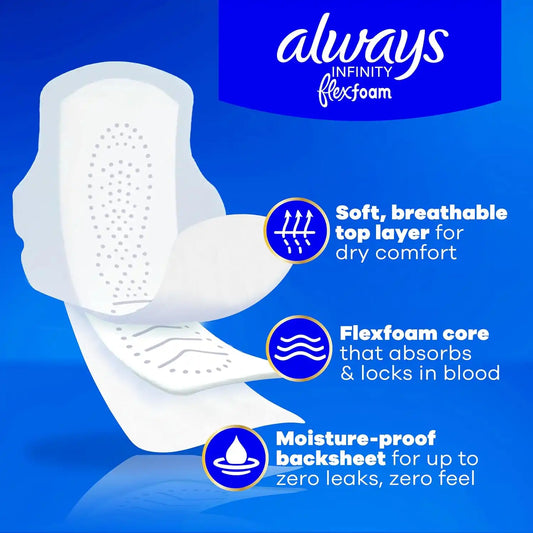 Always Infinity Feminine Pads for Women, Flexfoam Pads with Wings, Size 4, Overnight Absorbency, Unscented, 38 Count