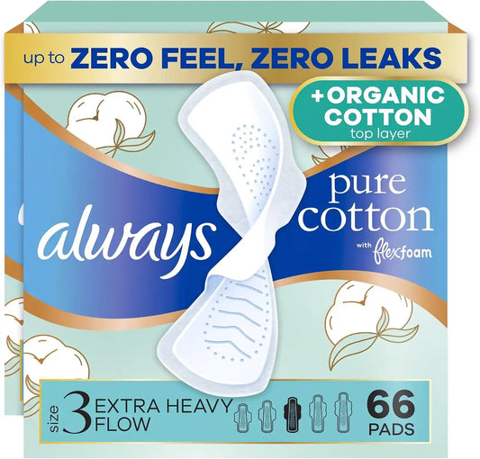 Always Pure Cotton Feminine Pads for Women, FlexFoam Pads with Wings, Size 3, Extra Heavy Flow Absorbency, Unscented, 66 Count (Pack of 2)