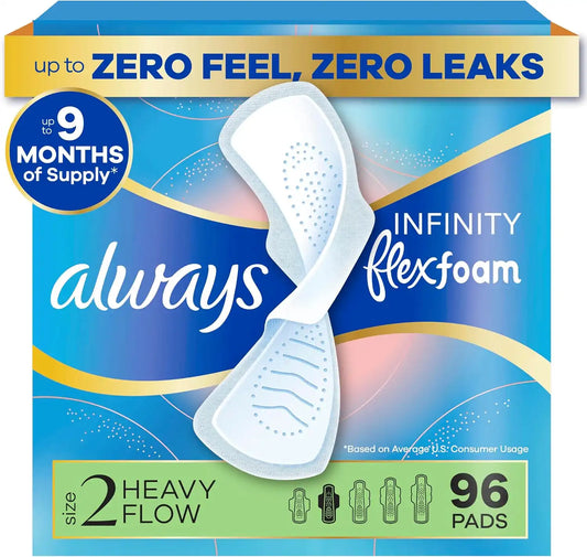 Always Infinity Feminine Pads for Women, Flexfoam Pads Without Wings, Size 2, Heavy Absorbency, Unscented, 96 Count (3 Packs of 32)