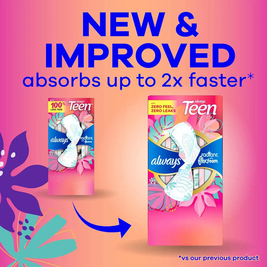 Always Radiant Teen Feminine Pads for Women, Size 1 Regular Absorbency, with Wings, Unscented, 14 Count