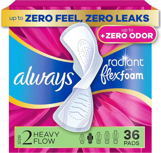 Always Radiant Feminine Pads for Women, Flexfoam Pads with Wings, Size 2, Heavy Absorbency, Lightly Scented, 36 Count