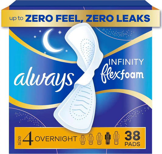 Always Infinity Feminine Pads for Women, Flexfoam Pads with Wings, Size 4, Overnight Absorbency, Unscented, 38 Count