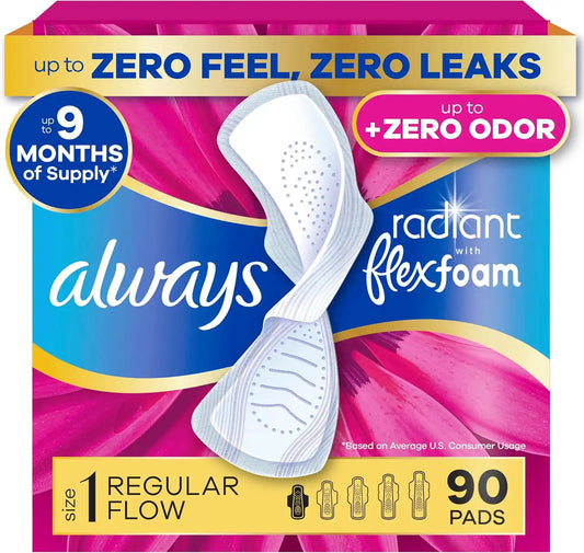 Always Radiant Feminine Pads for Women, Flexfoam Pads with Wings, Size 1, Regular Absorbency, Lightly Scented, 90 Count (3 Packs of 30)