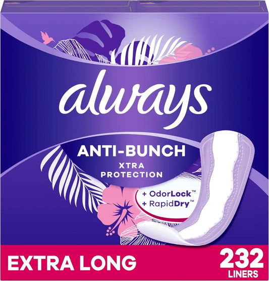 Always Panty Liners for Women Anti-Bunch Xtra Protection Daily Liners, Extra Long, Unscented, 116 Count x 2 (232 Total)