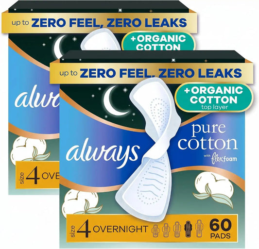 Always Pure Cotton Feminine Pads for Women, FlexFoam Pads with Wings, Size 4, Overnight Absorbency, Unscented, 60 Count (Pack of 2)