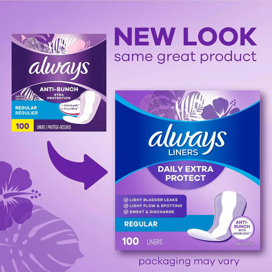 Always Panty Liners for Women Anti-Bunch Xtra Protection Daily Liners, Long, Unscented, 136 Count x 2 (272 Total)