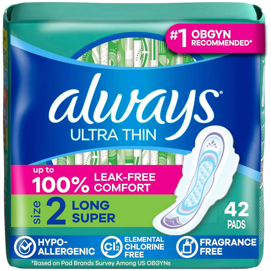 Always Ultra Thin Pads with Wings, Size 2, Long Super, 42 Count