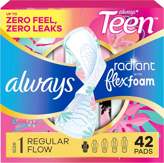Always Radiant Teen Pads, Size 1, Regular, with Wings, Unscented, 42 Count