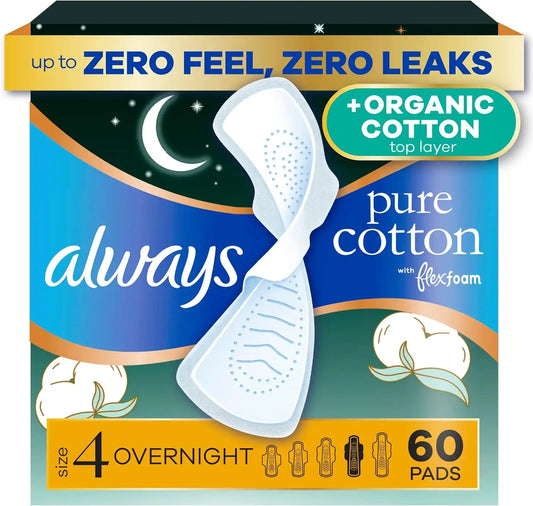 Always Radiant Feminine Pads for Women, Flexfoam Pads with Wings, Size 4, Overnight Absorbency, Lightly Scented, 60 Count (3 Packs of 20)