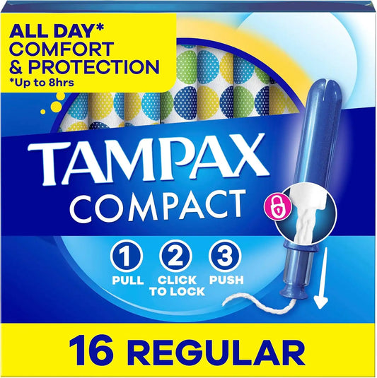 Tampax Compact Pearl Tampons, with LeakGuard Braid & Extendable Applicator, Regular Absorbency, Compact Extendable Applicator, Unscented, 16 Count (Packaging May Vary)