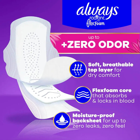 Always Radiant Feminine Pads for Women, Flexfoam Pads with Wings, Size 4, Overnight Absorbency, Lightly Scented, 28 Count