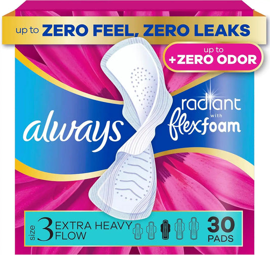 Always Radiant Feminine Pads for Women, Flexfoam Pads with Wings, Size 3, Extra Heavy Absorbency, Lightly Scented, 30 Count