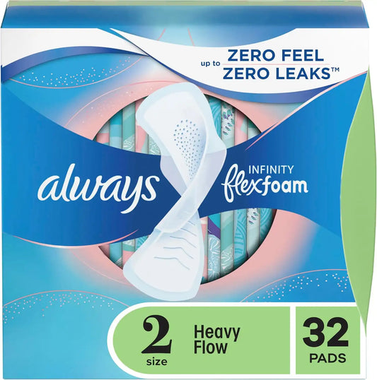 Always Infinity Feminine Pads for Women, Size 2 Heavy Flow Absorbency,with Flexfoam, with Wings, Unscented, 32 Count